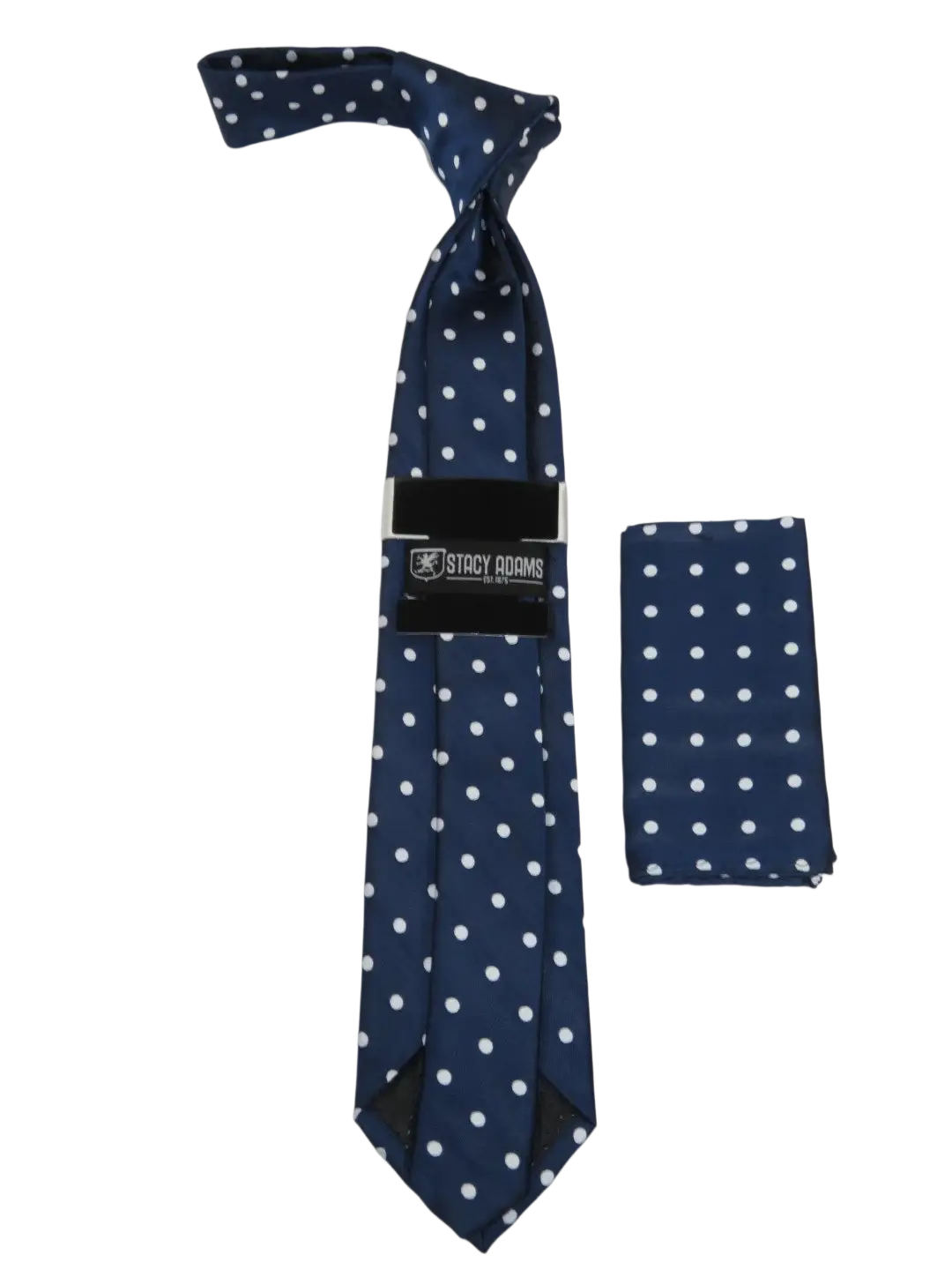 Men's Stacy Adams Tie and Hankie Set Woven Silky Satin #SAT130 Navy Polka Dot