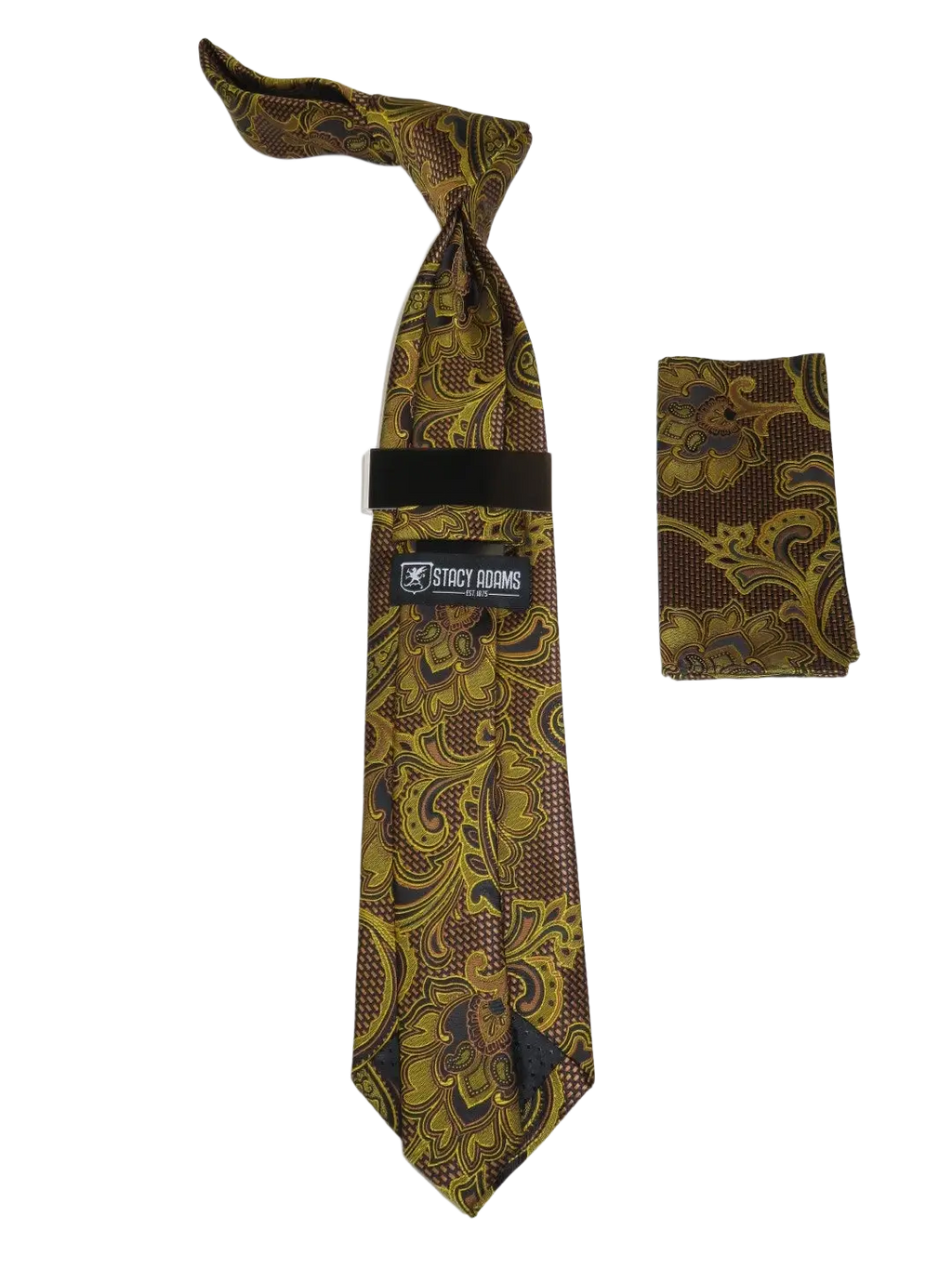 Men's Stacy Adams Tie and Hankie Set Fancy Woven Silky Satin #SAT132 Gold