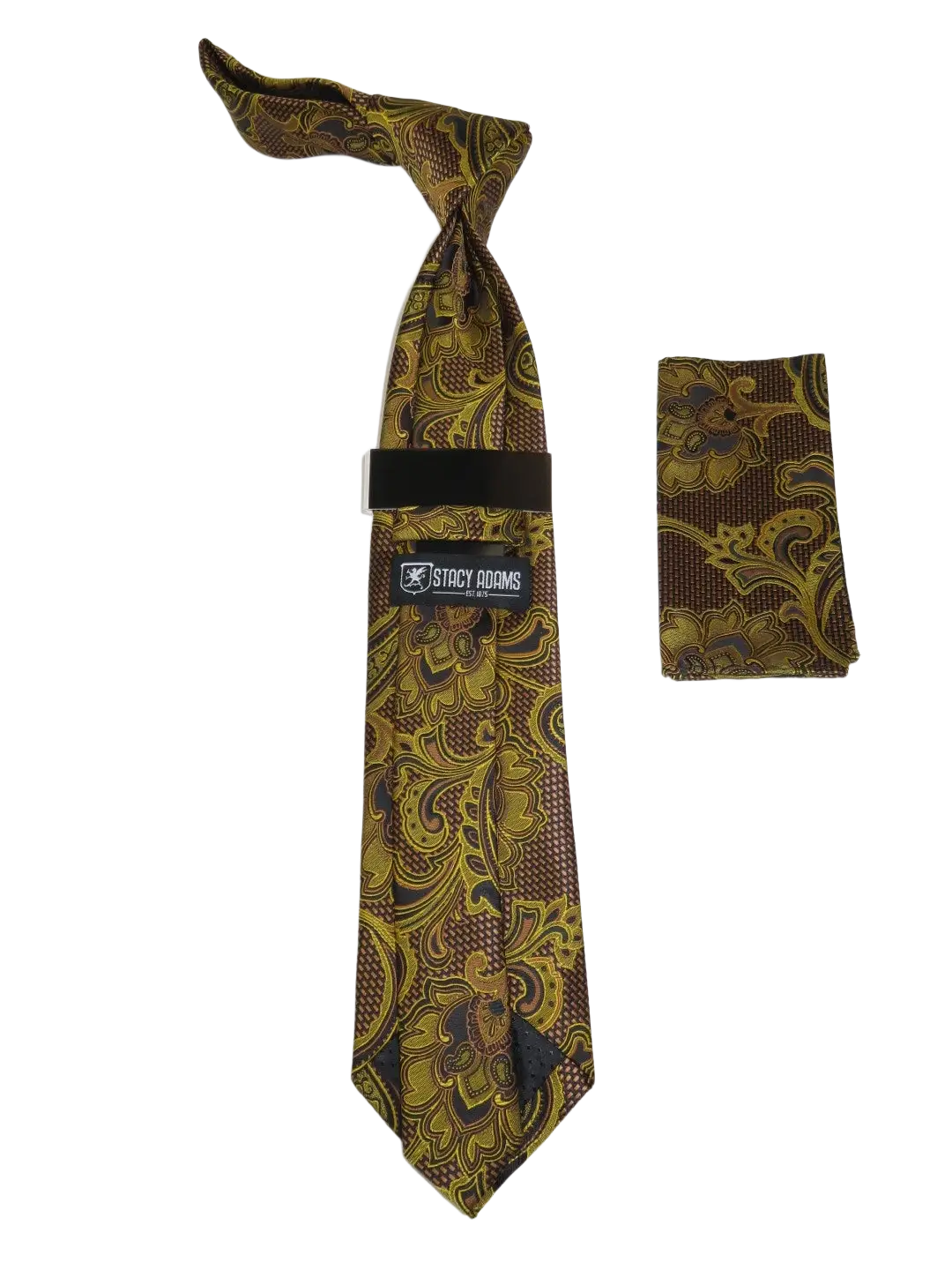 Men's Stacy Adams Tie and Hankie Set Fancy Woven Silky Satin #SAT132 Gold