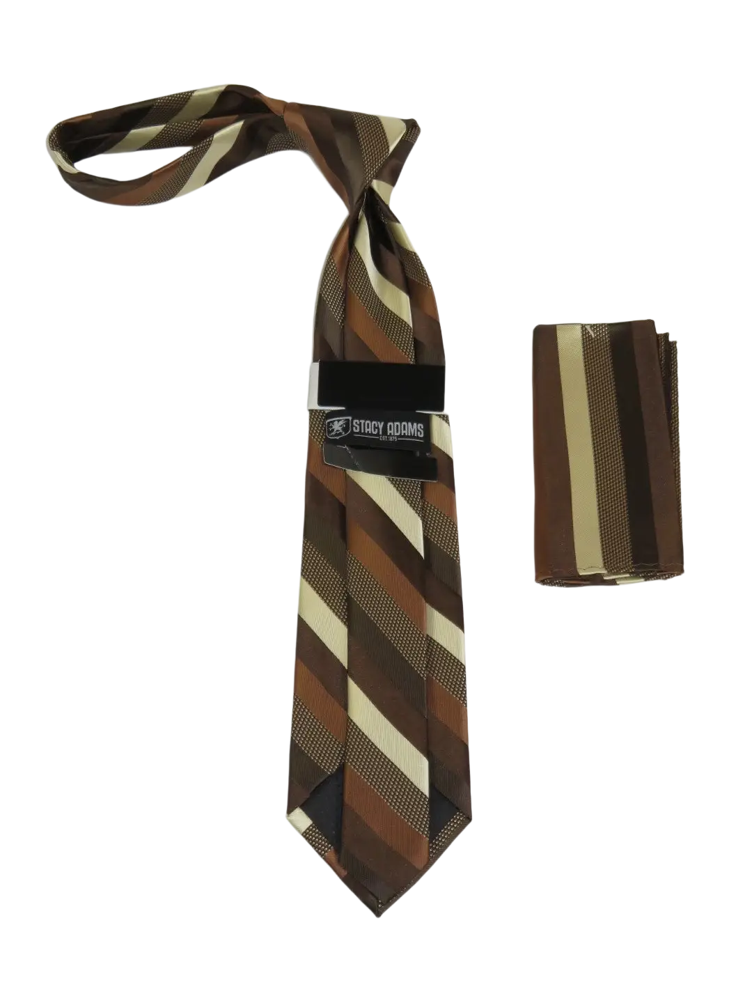 Men's Stacy Adams Tie and Hankie Set Fancy Woven Silky Satin #SAT135 Brown