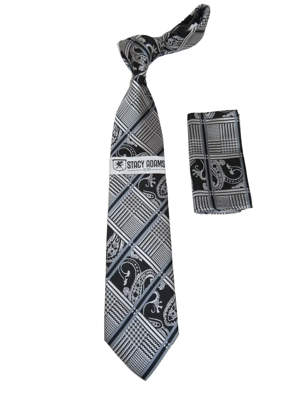 Men's Stacy Adams Tie and Hankie Set Fancy Woven Silky Satin #SAT57 Black
