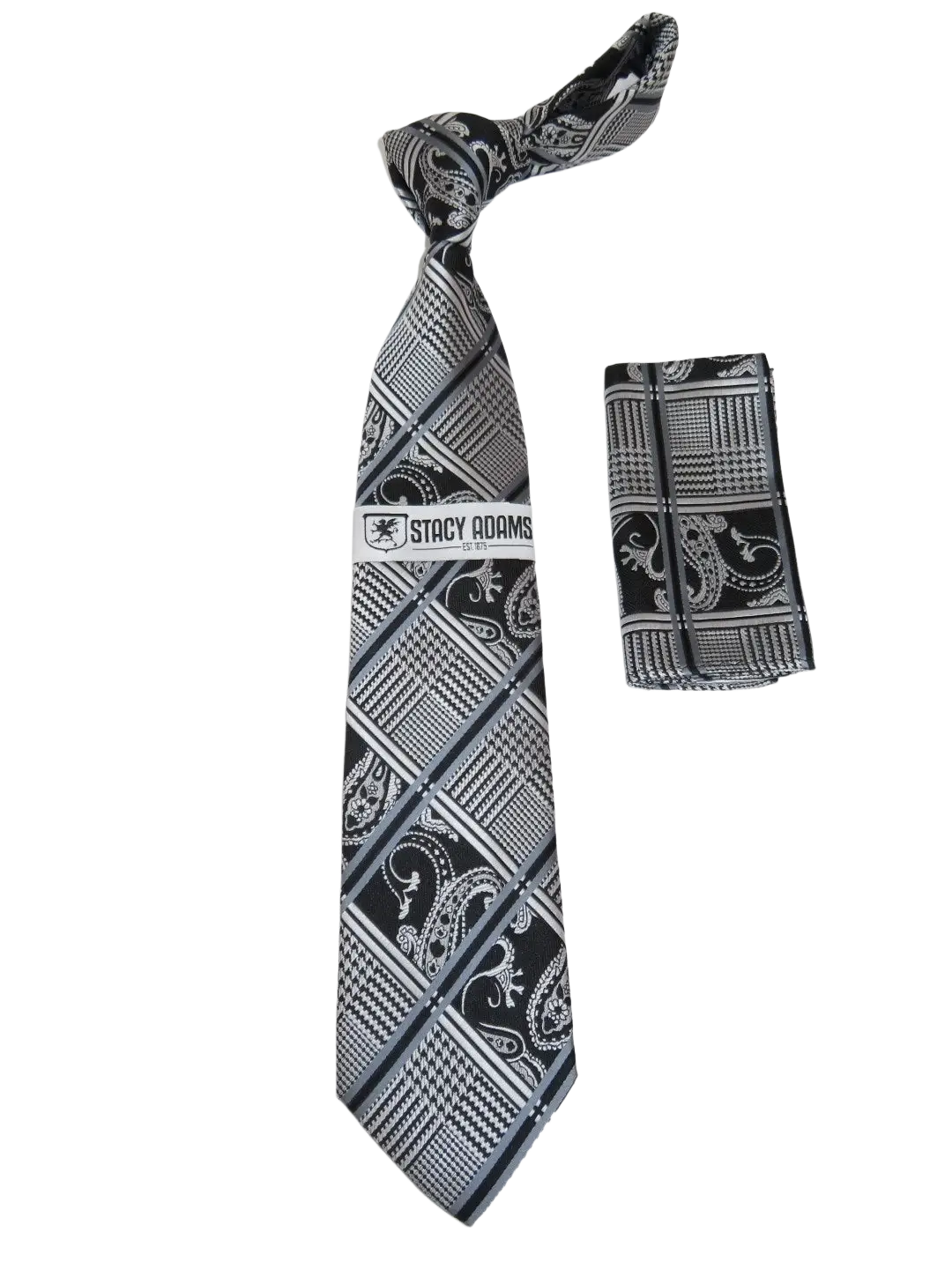 Men's Stacy Adams Tie and Hankie Set Fancy Woven Silky Satin #SAT57 Black