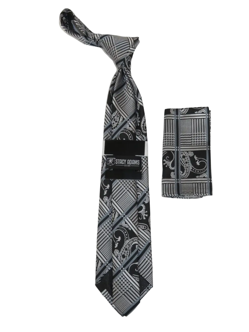 Men's Stacy Adams Tie and Hankie Set Fancy Woven Silky Satin #SAT57 Black