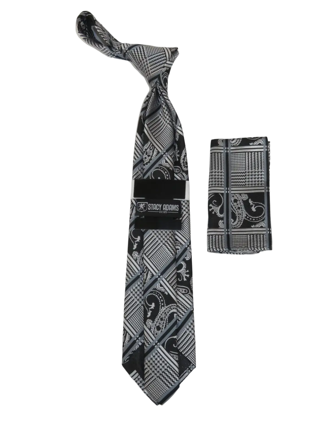 Men's Stacy Adams Tie and Hankie Set Fancy Woven Silky Satin #SAT57 Black