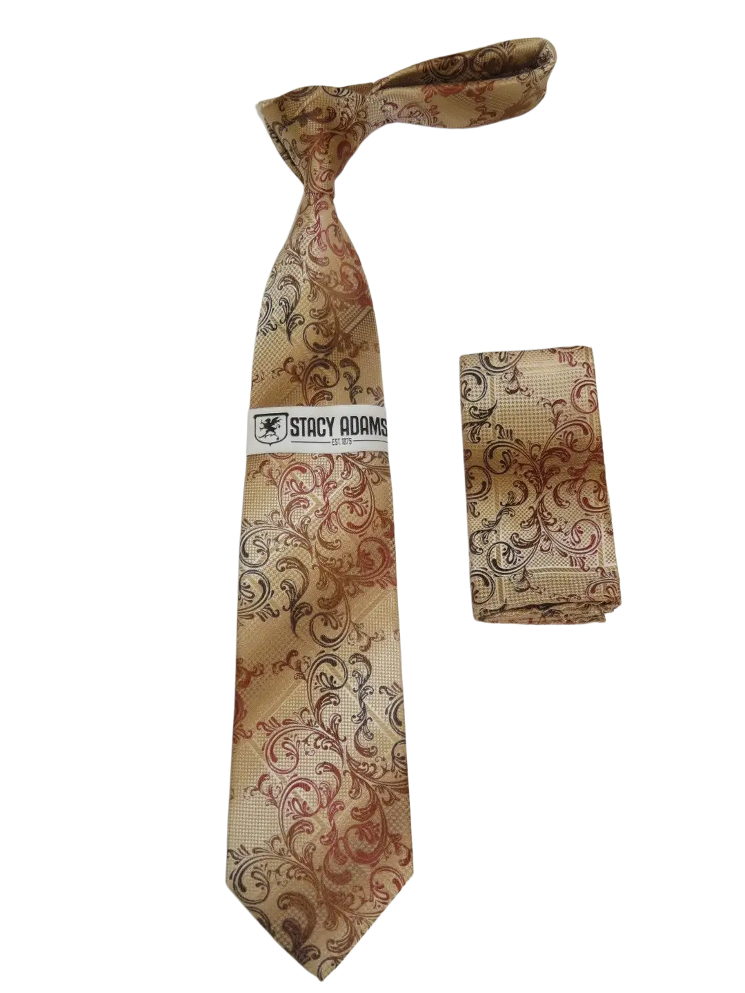 Men's Stacy Adams Tie and Hankie Set Fancy Woven Silky Satin #SAT59 Tan