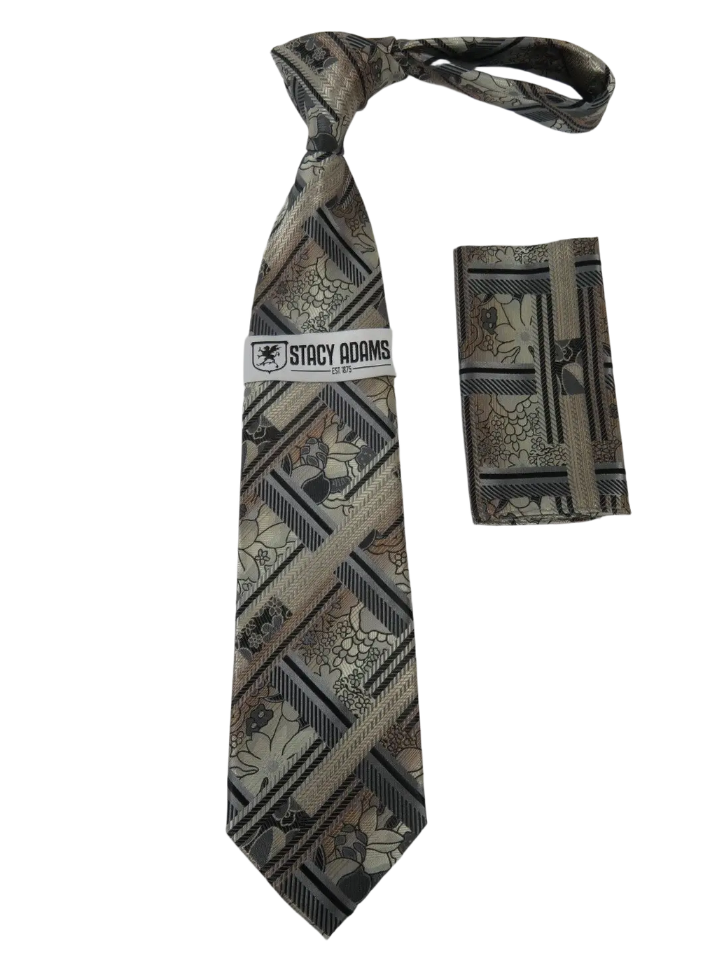 Men's Stacy Adams Tie and Hankie Set Fancy Woven Silky Satin #SAT60 Tan