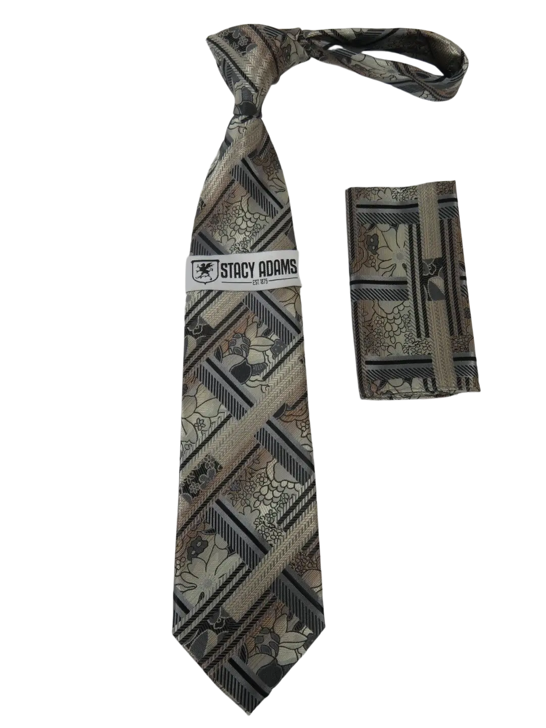 Men's Stacy Adams Tie and Hankie Set Fancy Woven Silky Satin #SAT60 Tan