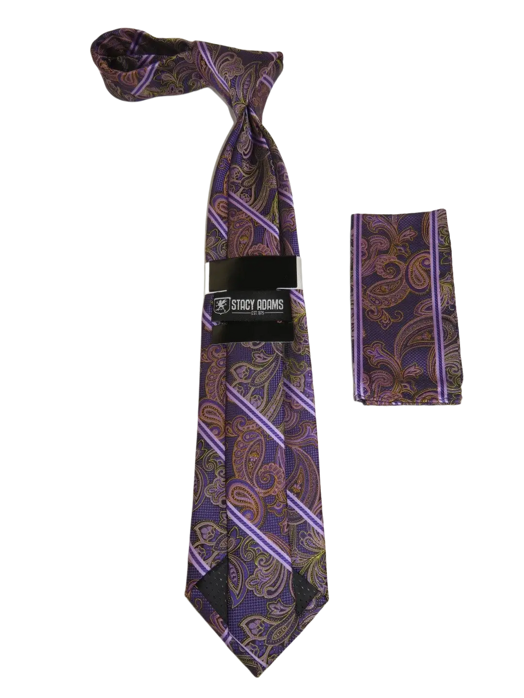 Men's Stacy Adams Tie and Hankie Set Fancy Woven Silky Satin #SAT65 Purple