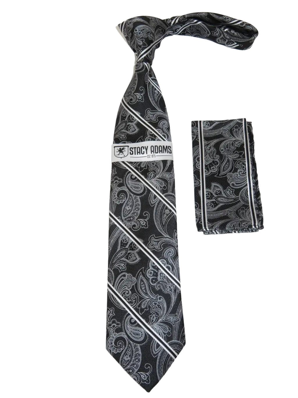 Men's Stacy Adams Tie and Hankie Set Fancy Woven Silky Satin #SAT69 Black