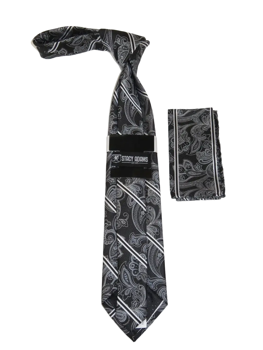 Men's Stacy Adams Tie and Hankie Set Fancy Woven Silky Satin #SAT69 Black
