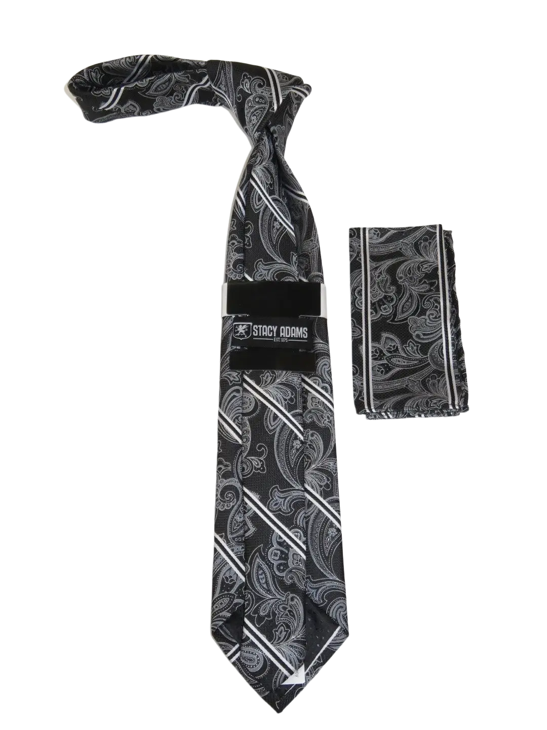Men's Stacy Adams Tie and Hankie Set Fancy Woven Silky Satin #SAT69 Black