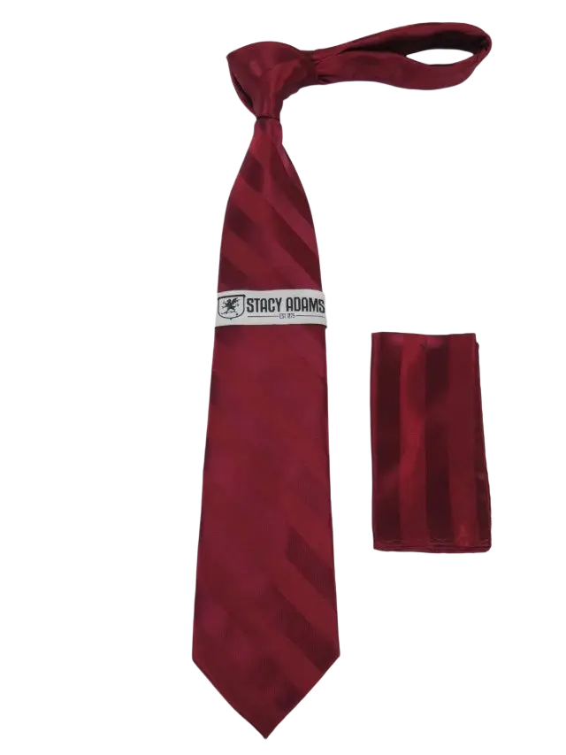 Men's Stacy Adams Tie and Hankie Set Fancy Woven Silky Satin #SAT89 Burgundy