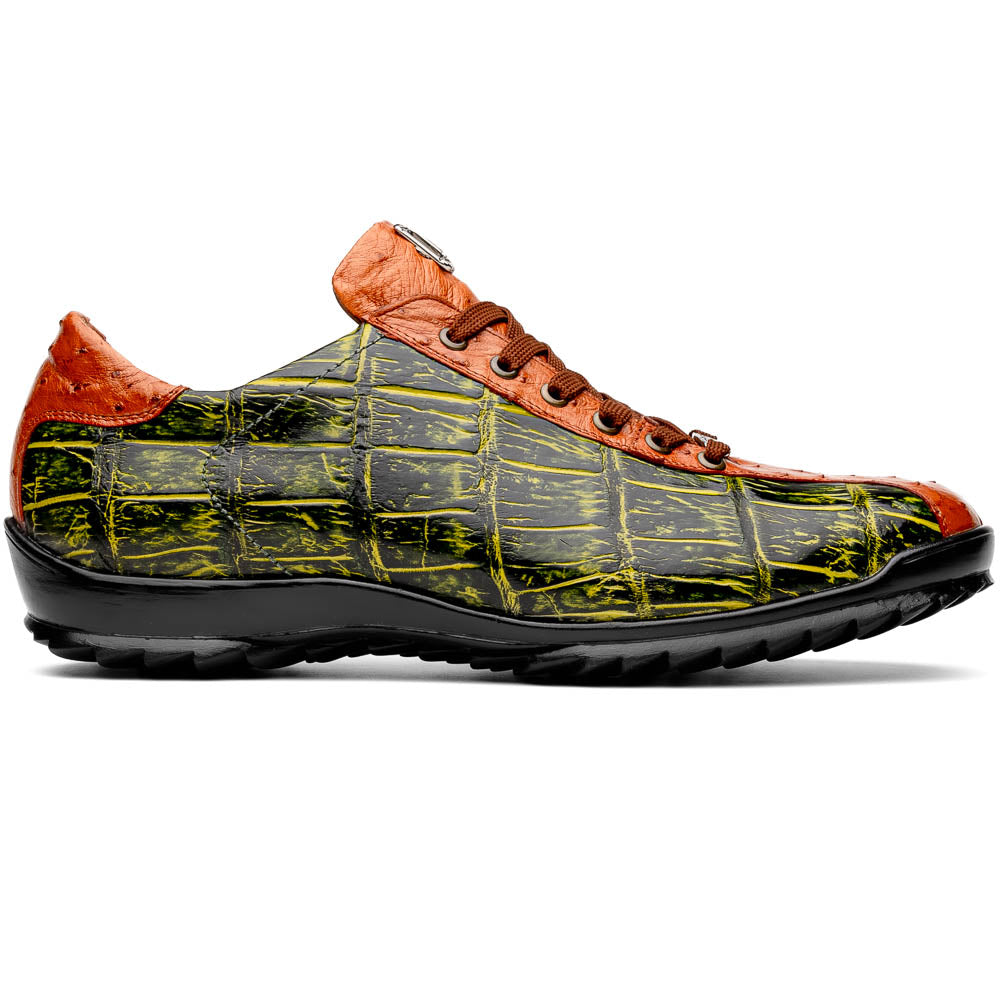 genuine alligator and ostrich quill fashion sneaker Saulo Green / Cognac