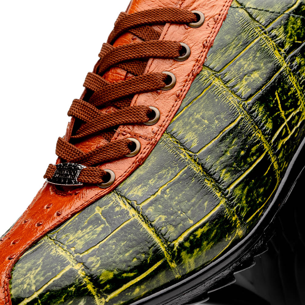 genuine alligator and ostrich quill fashion sneaker Saulo Green / Cognac