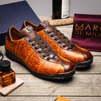 Hand painted big block alligator scales Sneaker Shoes Saulo Brandy / Brown
