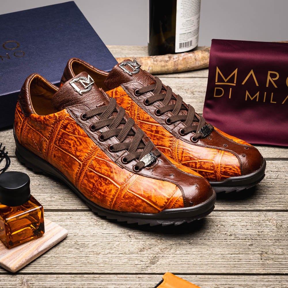 Hand painted big block alligator scales Sneaker Shoes Saulo Brandy / Brown