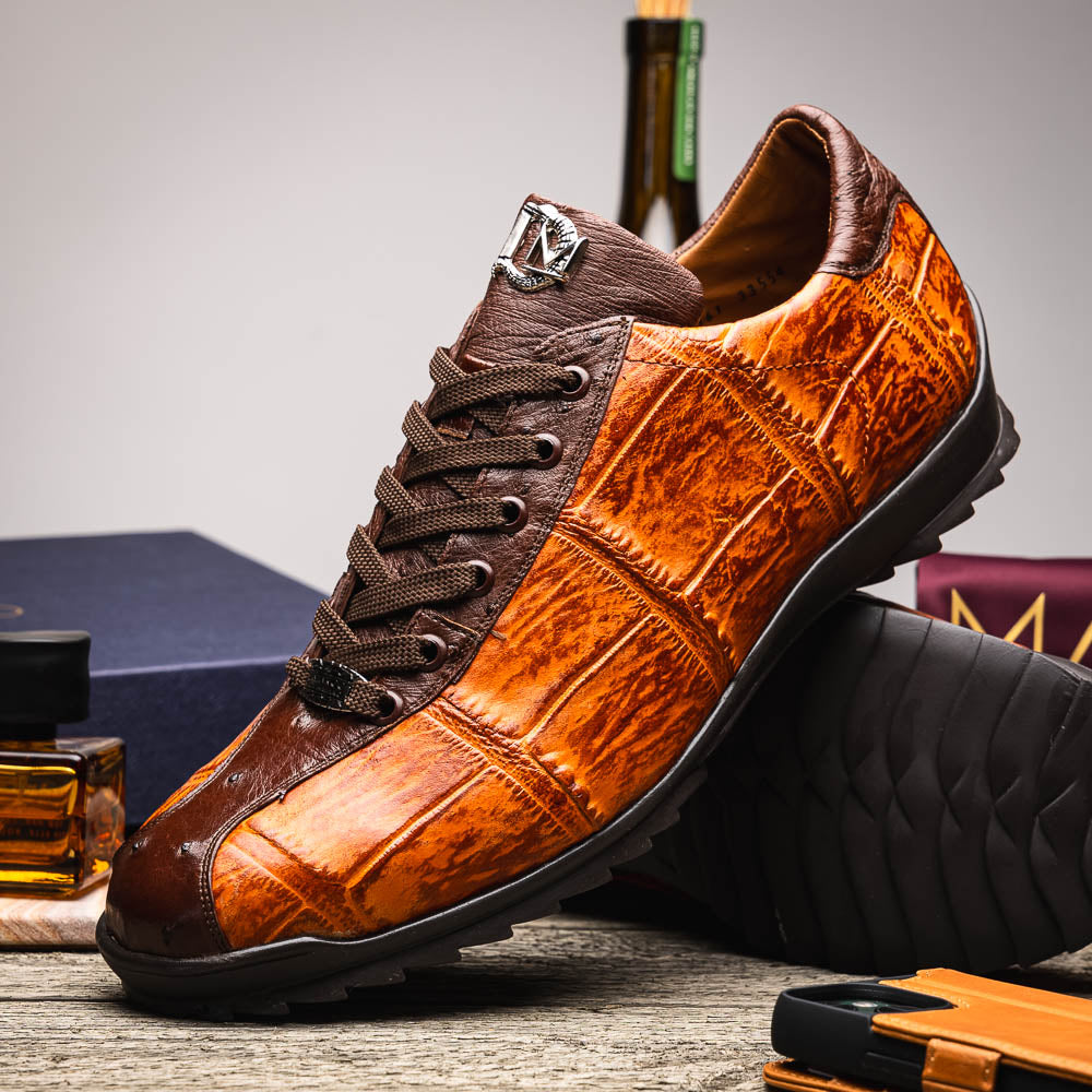 Hand painted big block alligator scales Sneaker Shoes Saulo Brandy / Brown