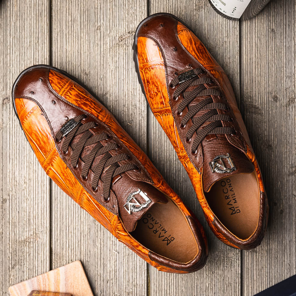 Hand painted big block alligator scales Sneaker Shoes Saulo Brandy / Brown