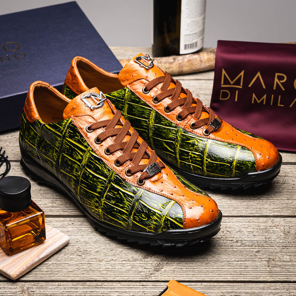 genuine alligator and ostrich quill fashion sneaker Saulo Green / Cognac