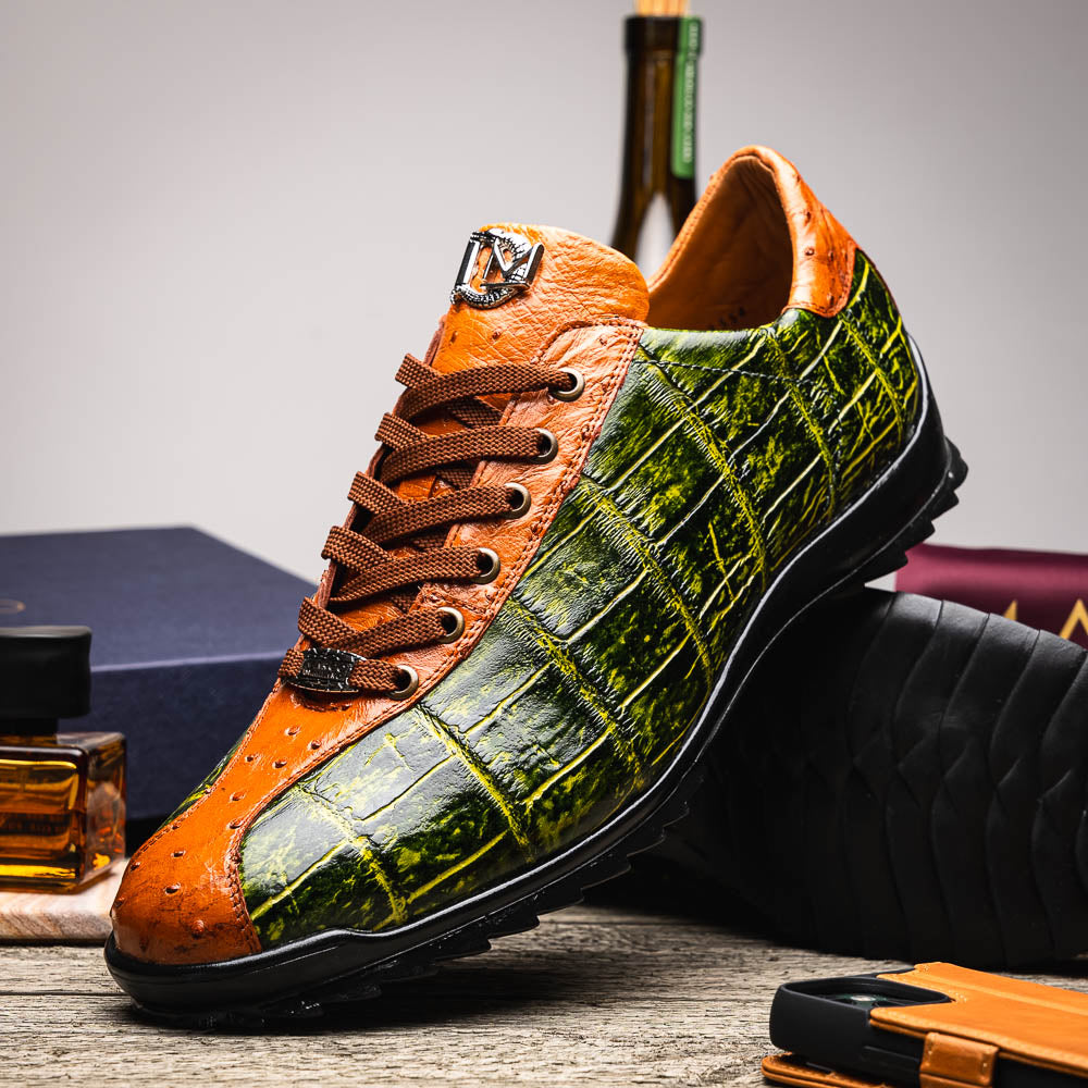 genuine alligator and ostrich quill fashion sneaker Saulo Green / Cognac