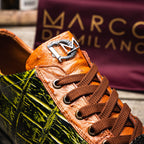 genuine alligator and ostrich quill fashion sneaker Saulo Green / Cognac