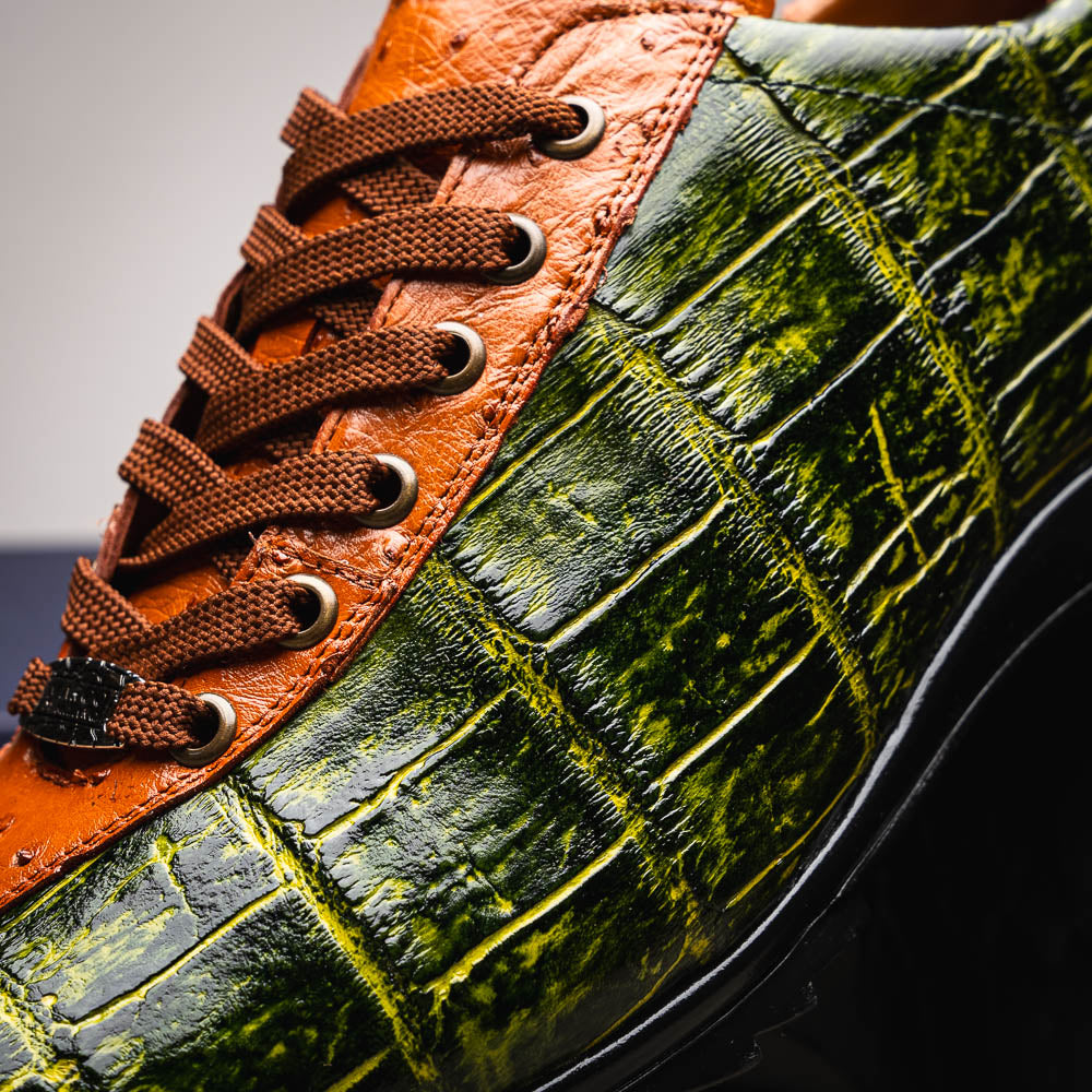 genuine alligator and ostrich quill fashion sneaker Saulo Green / Cognac