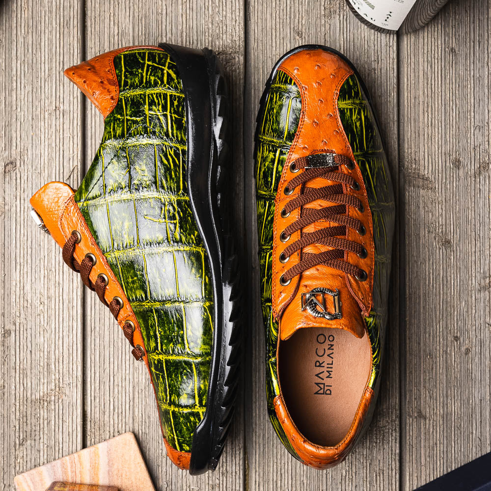 genuine alligator and ostrich quill fashion sneaker Saulo Green / Cognac