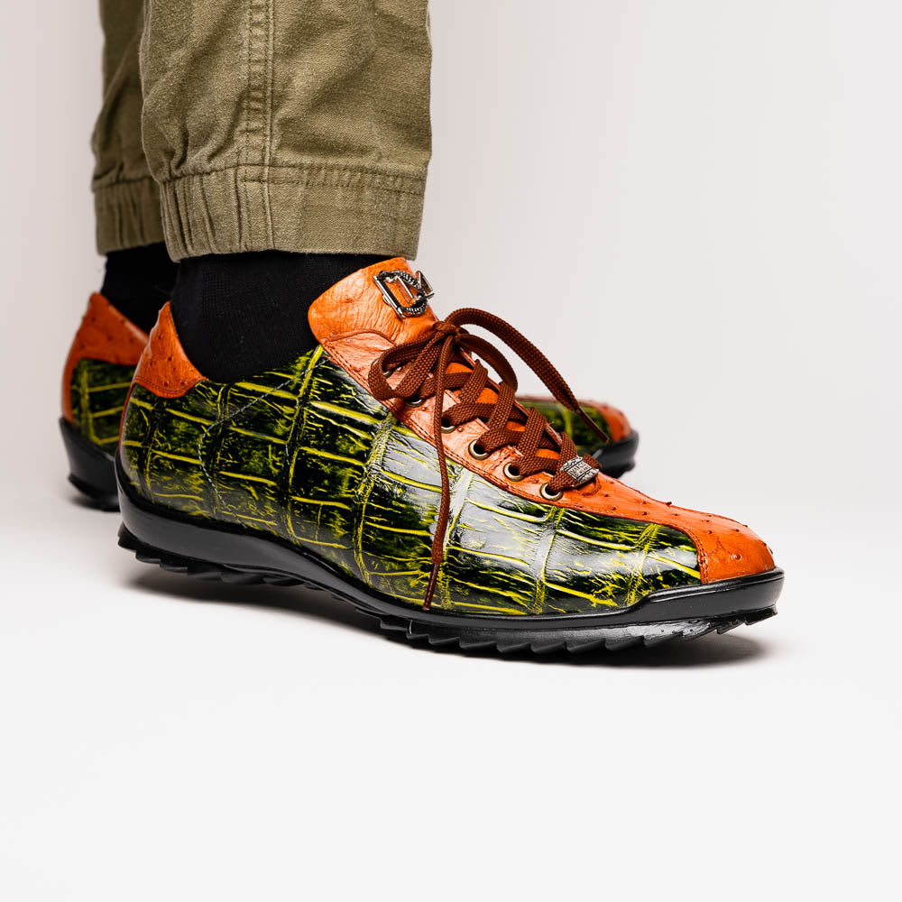 genuine alligator and ostrich quill fashion sneaker Saulo Green / Cognac