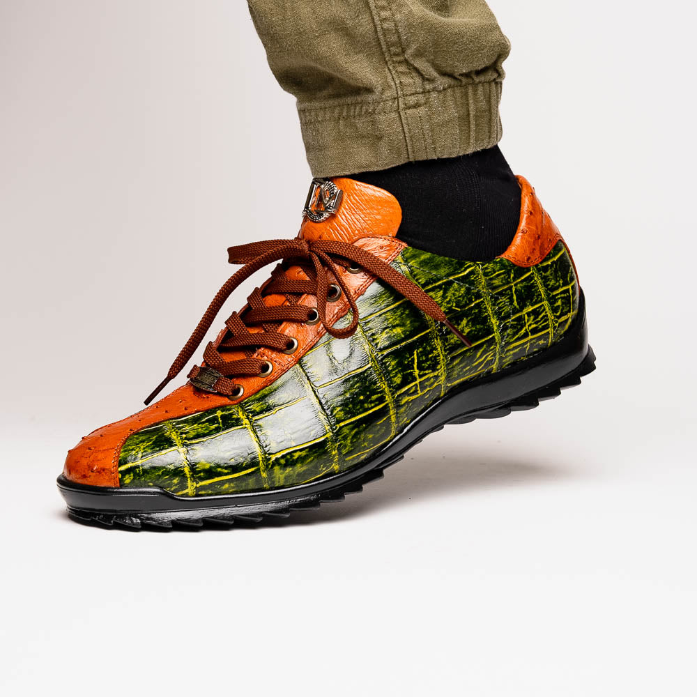 genuine alligator and ostrich quill fashion sneaker Saulo Green / Cognac