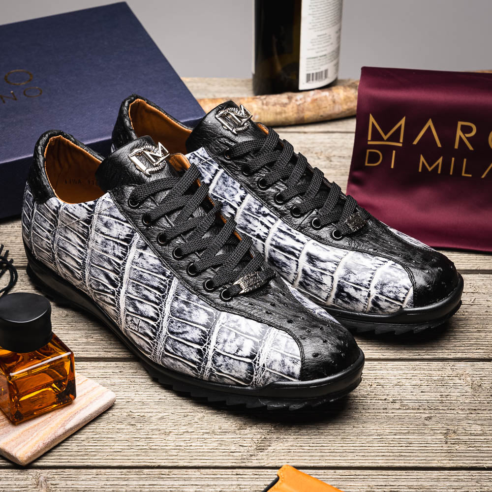 Hand painted big block alligator scales Sneaker Shoes Saulo Newspaper / Black