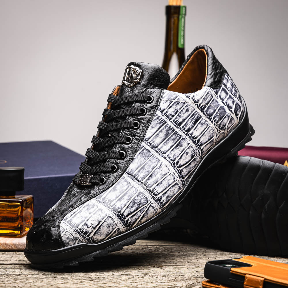 Hand painted big block alligator scales Sneaker Shoes Saulo Newspaper / Black