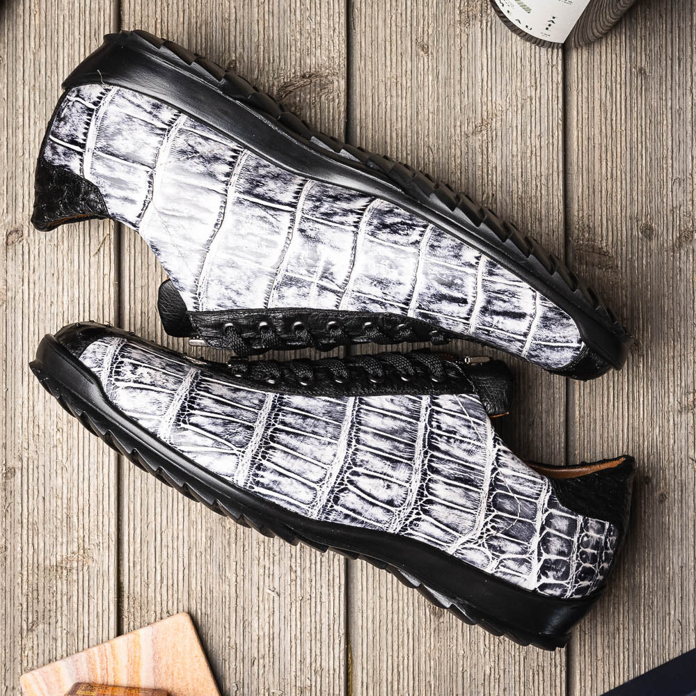 Hand painted big block alligator scales Sneaker Shoes Saulo Newspaper / Black