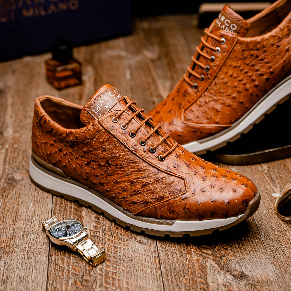 genuine ostrich quill fashion sneaker Shoes Scanno Antique Cognac