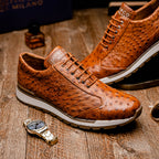 genuine ostrich quill fashion sneaker Shoes Scanno Antique Cognac