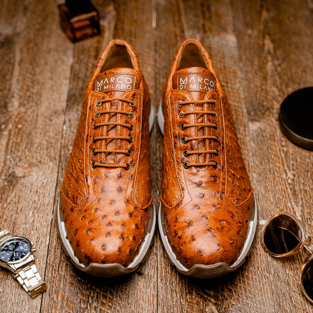 genuine ostrich quill fashion sneaker Shoes Scanno Antique Cognac