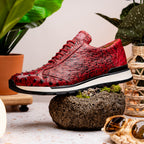 Hand painted genuine Snake and calfskin Sneaker Shoes Scanno Antique Red