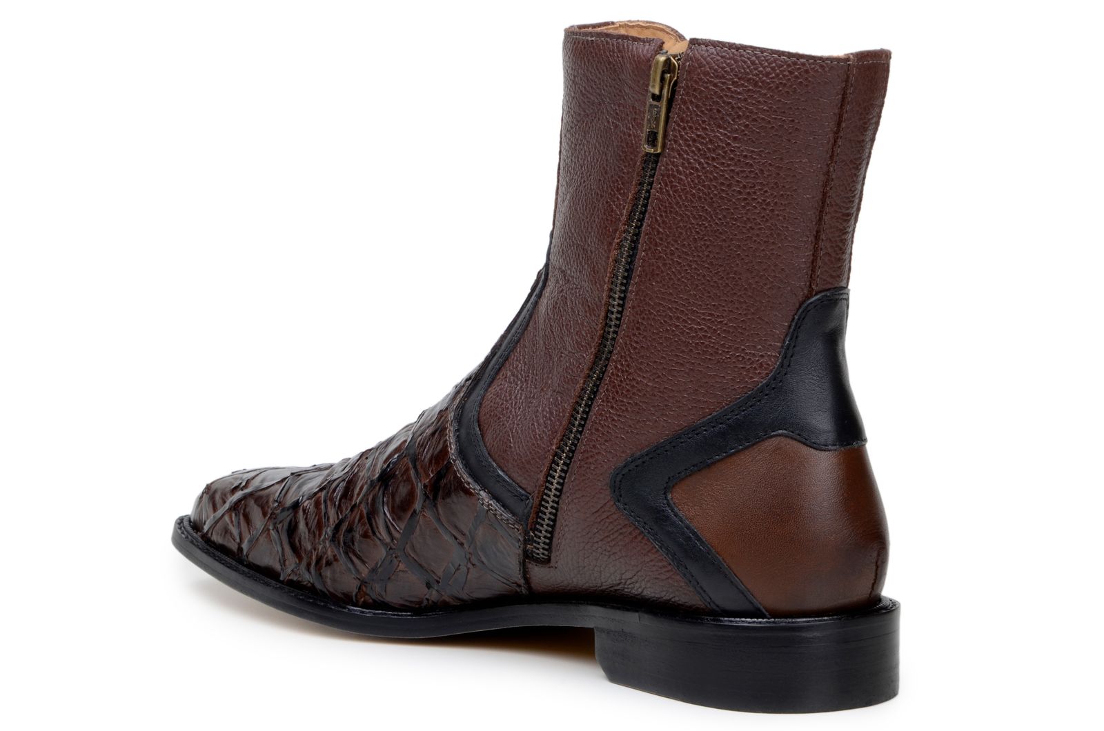 Belvedere Lima Genuine Pirarucu Skin and Pebble Grain Calf Chukka Zipper Boots Brown