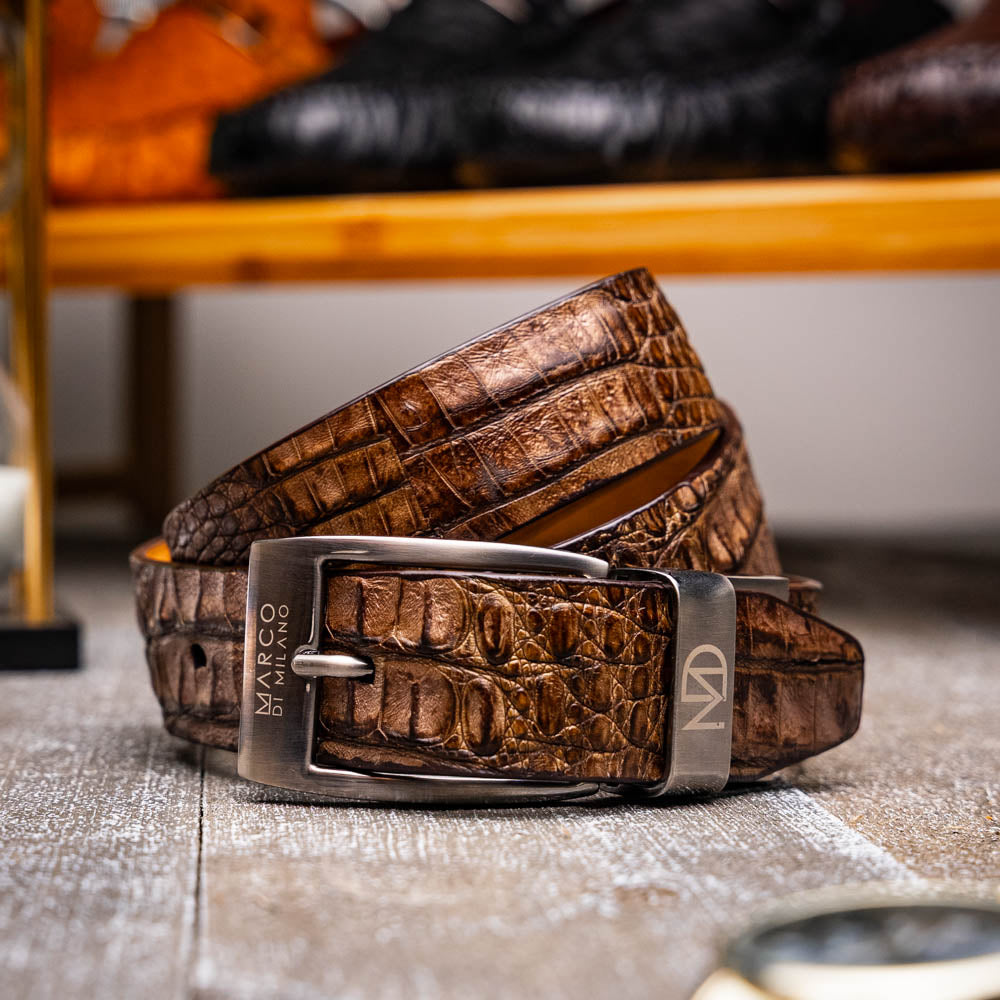 Silvio Genuine Exotic Caiman Fuscus-back Belt Washed Brown
