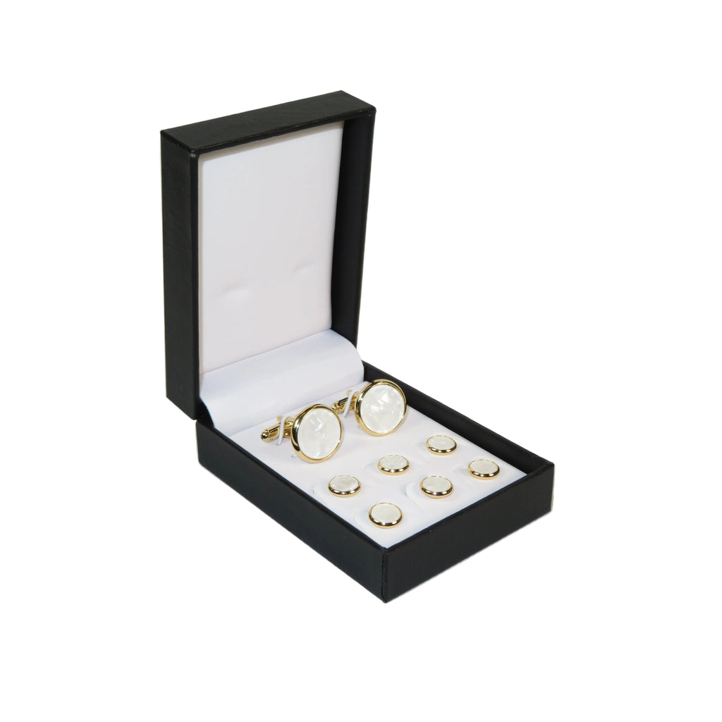 Cufflinks/Stud Set For Tux Shirt By Santino Luciano SL-11 White Pearl Gold