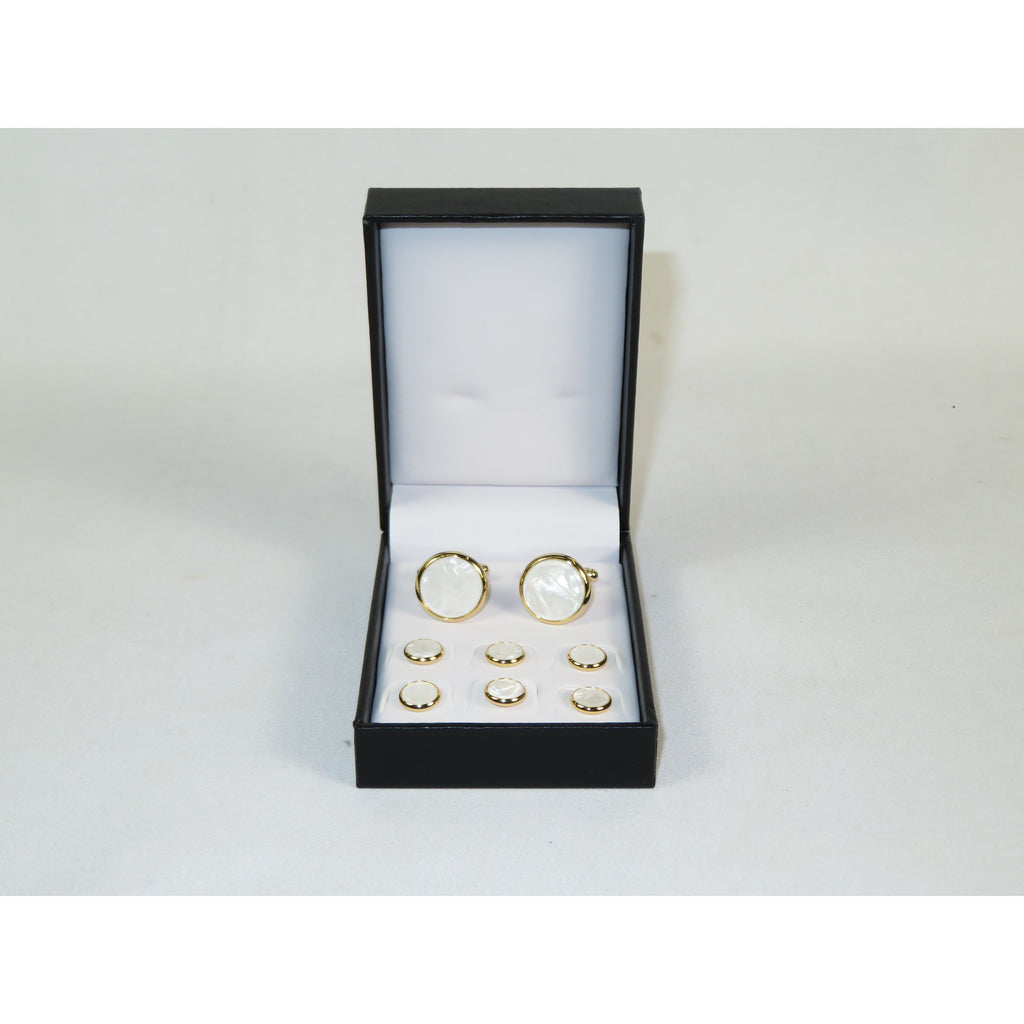 Cufflinks/Stud Set For Tux Shirt By Santino Luciano SL-11 White Pearl Gold