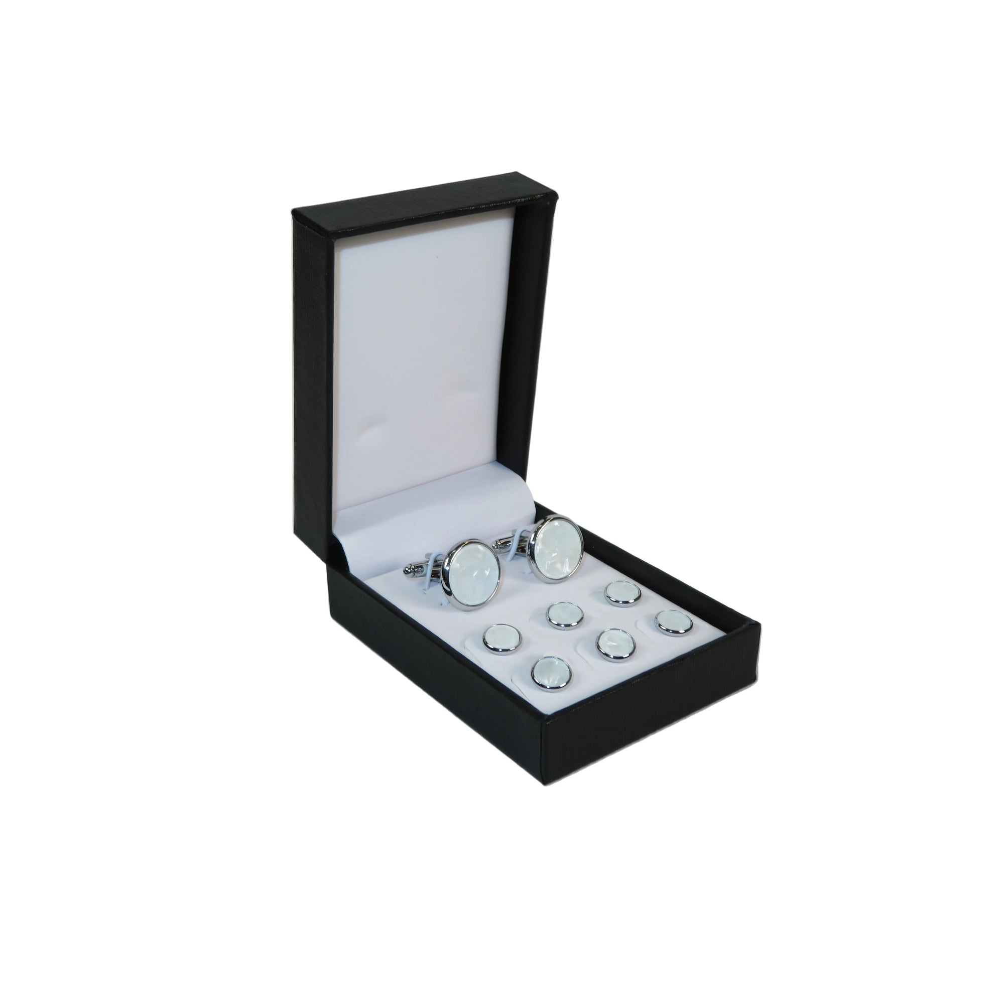 Cufflinks/Stud Set For Tux Shirt By Santino Luciano SL-12 White Pearl Silver
