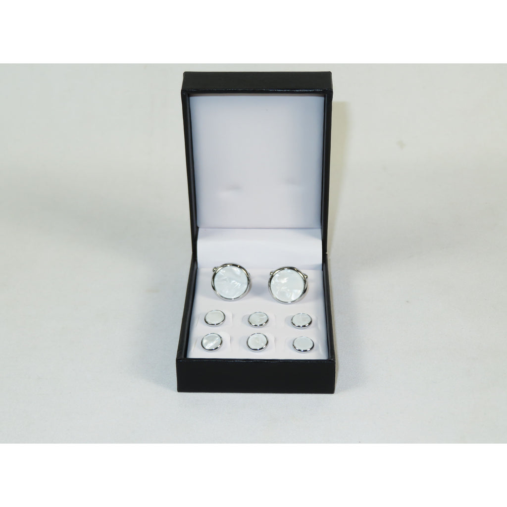 Cufflinks/Stud Set For Tux Shirt By Santino Luciano SL-12 White Pearl Silver