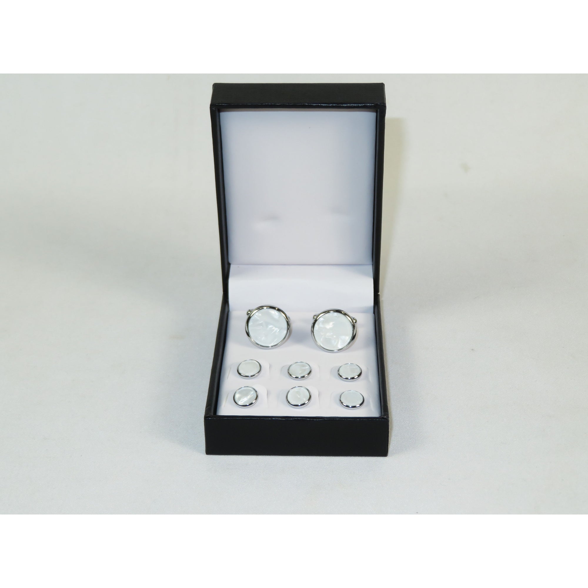 Cufflinks/Stud Set For Tux Shirt By Santino Luciano SL-12 White Pearl Silver