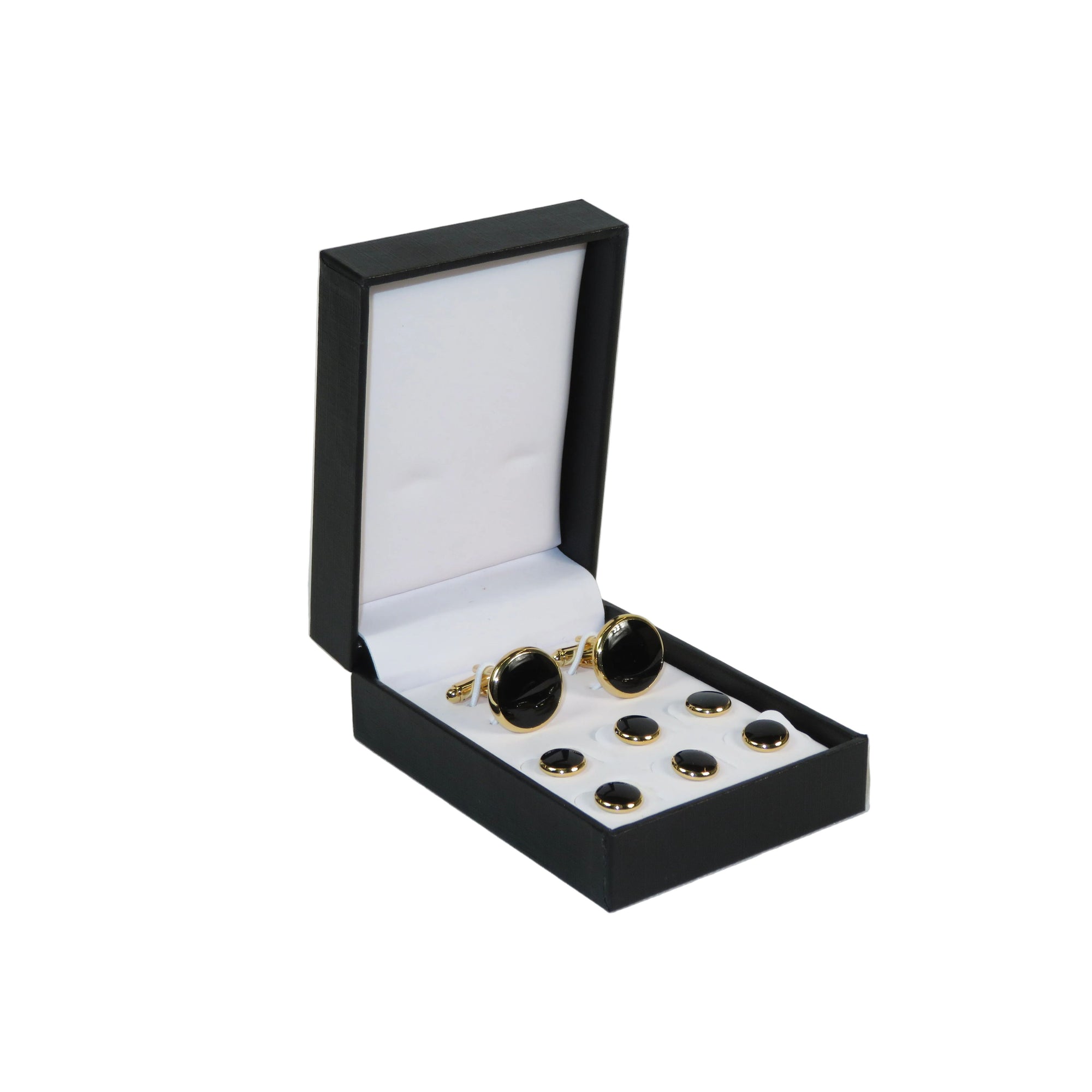 Cufflinks/Stud Set For Tux Shirt By Santino Luciano SL-7 Black/Gold Solid Onyx