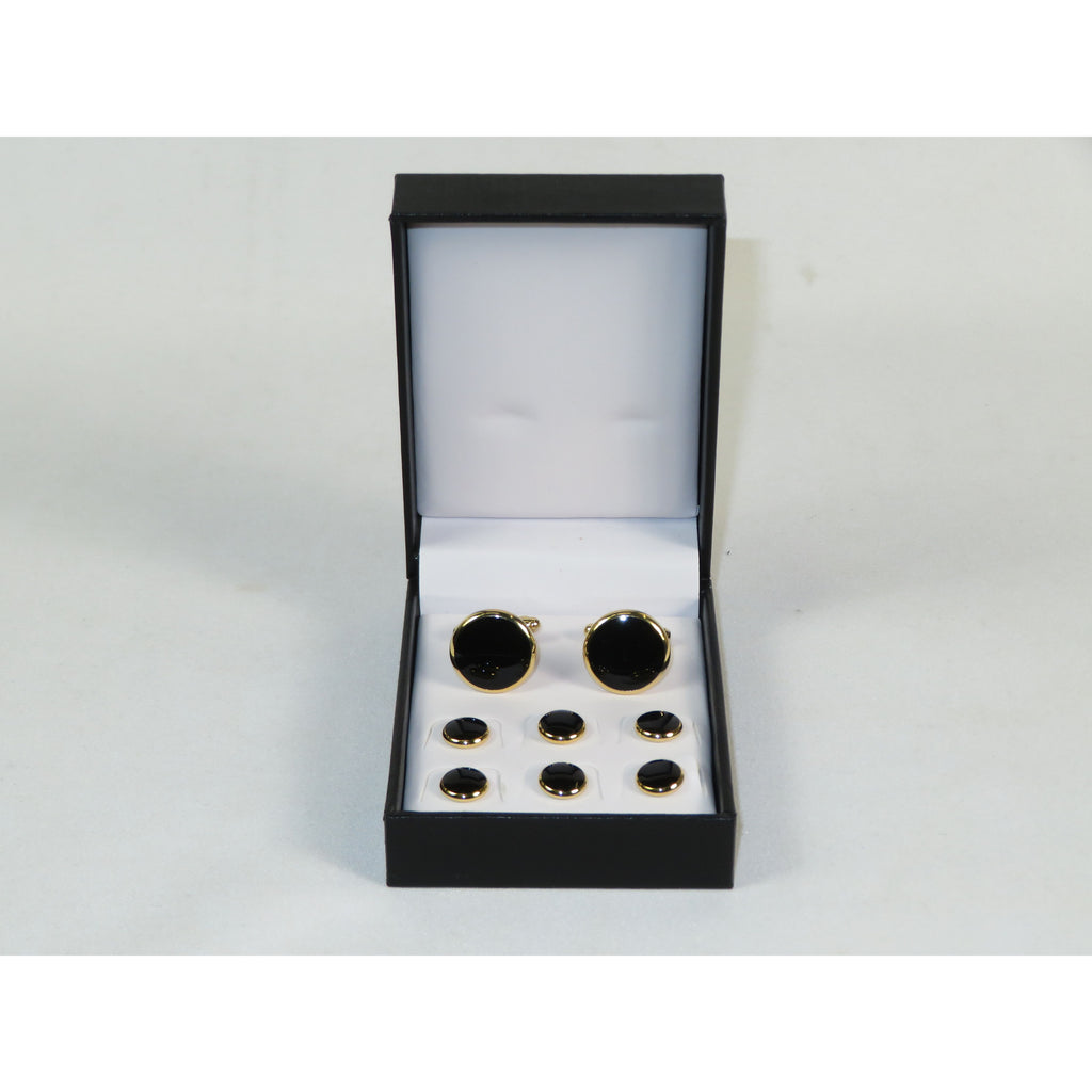 Cufflinks/Stud Set For Tux Shirt By Santino Luciano SL-7 Black/Gold Solid Onyx