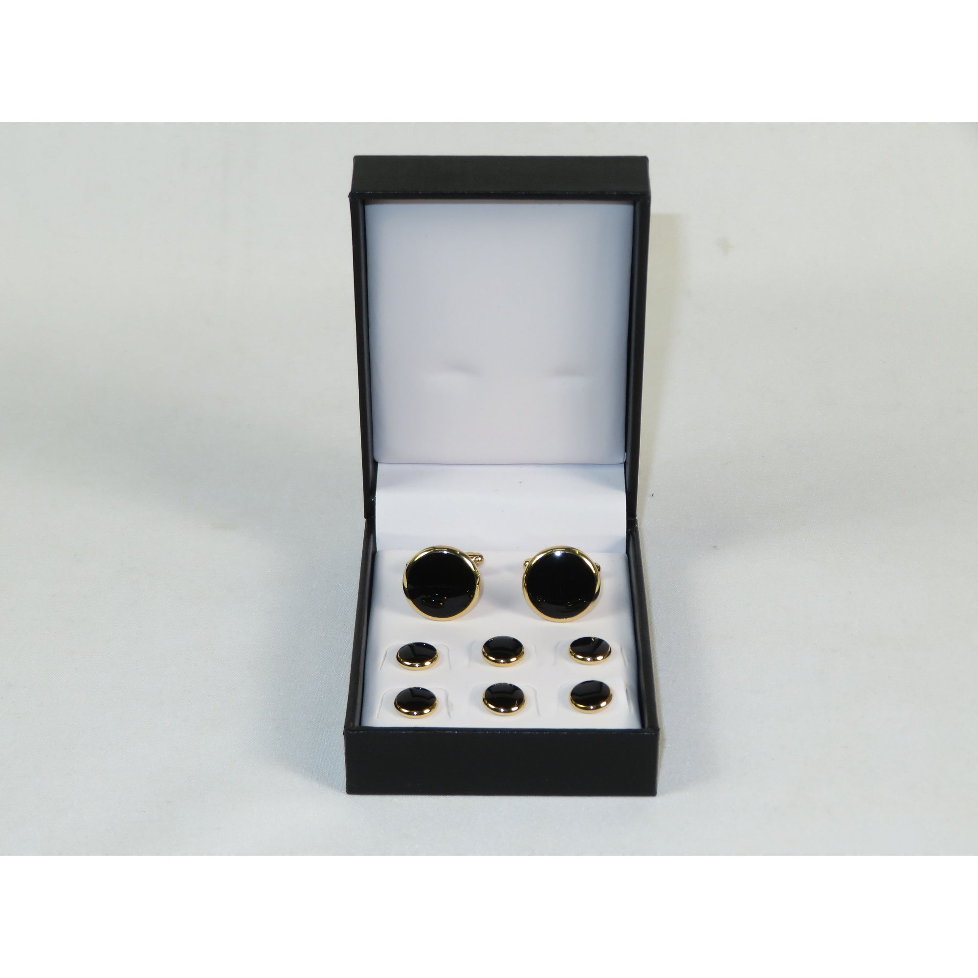 Cufflinks/Stud Set For Tux Shirt By Santino Luciano SL-7 Black/Gold Solid Onyx