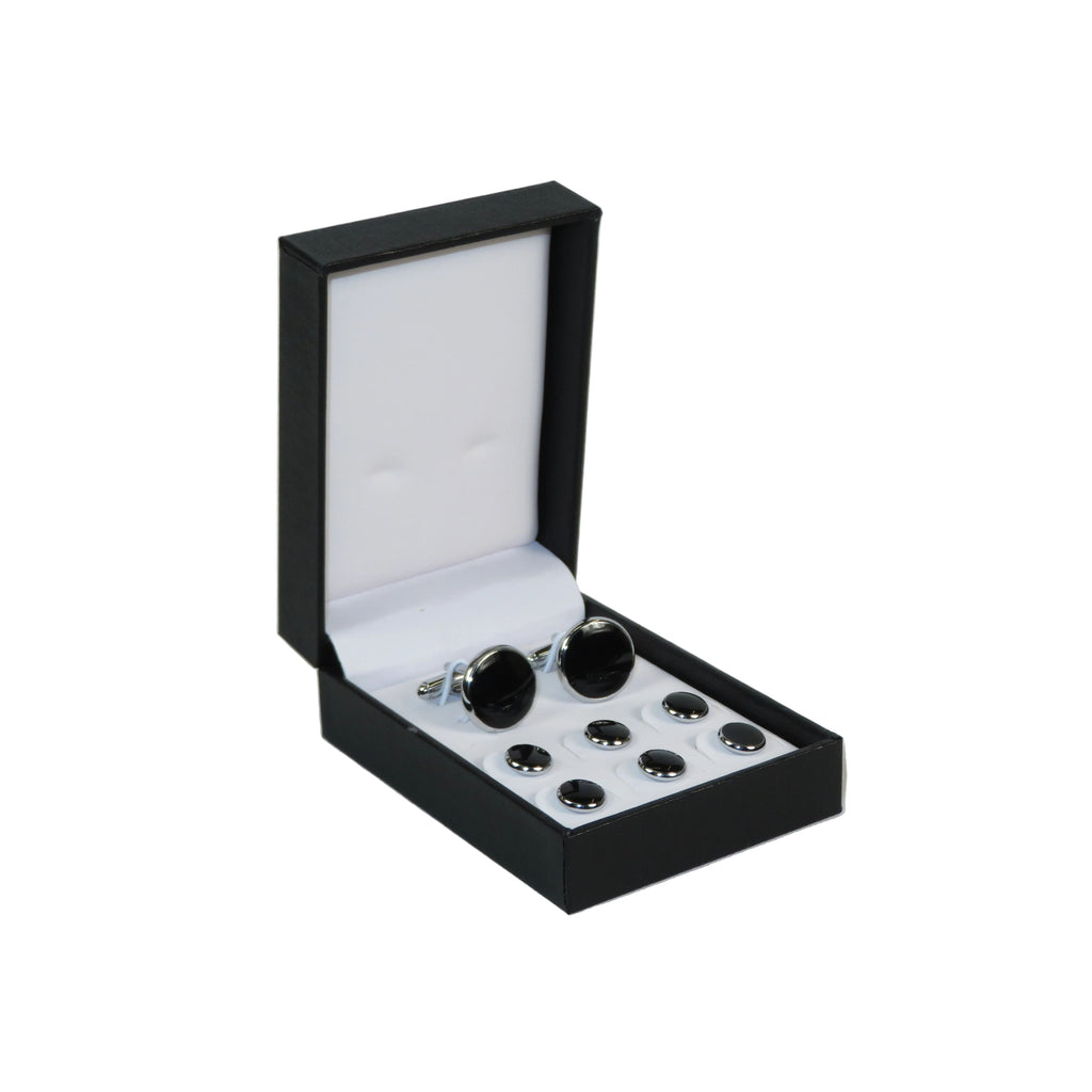 Cufflinks/Stud Set For Tux Shirt By Santino Luciano SL-8 Black/silver Solid Onyx