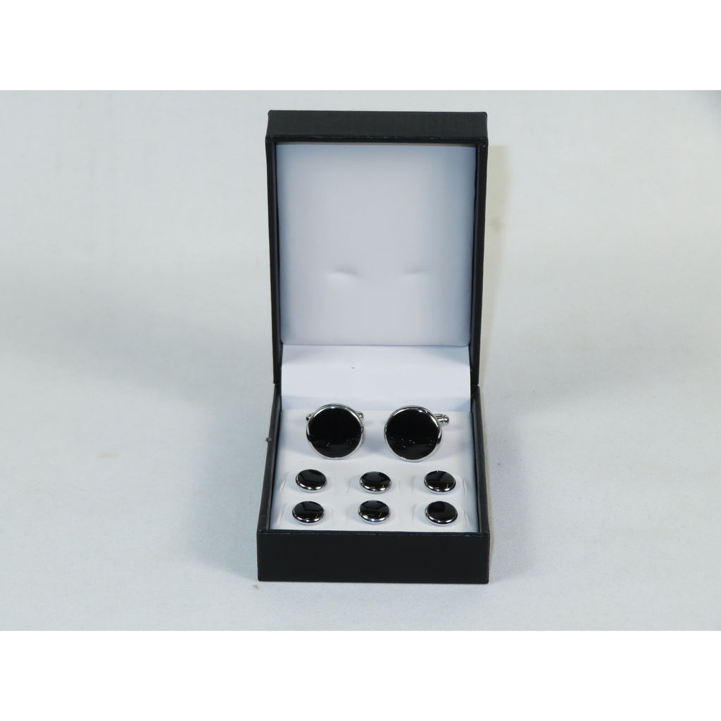 Cufflinks/Stud Set For Tux Shirt By Santino Luciano SL-8 Black/silver Solid Onyx