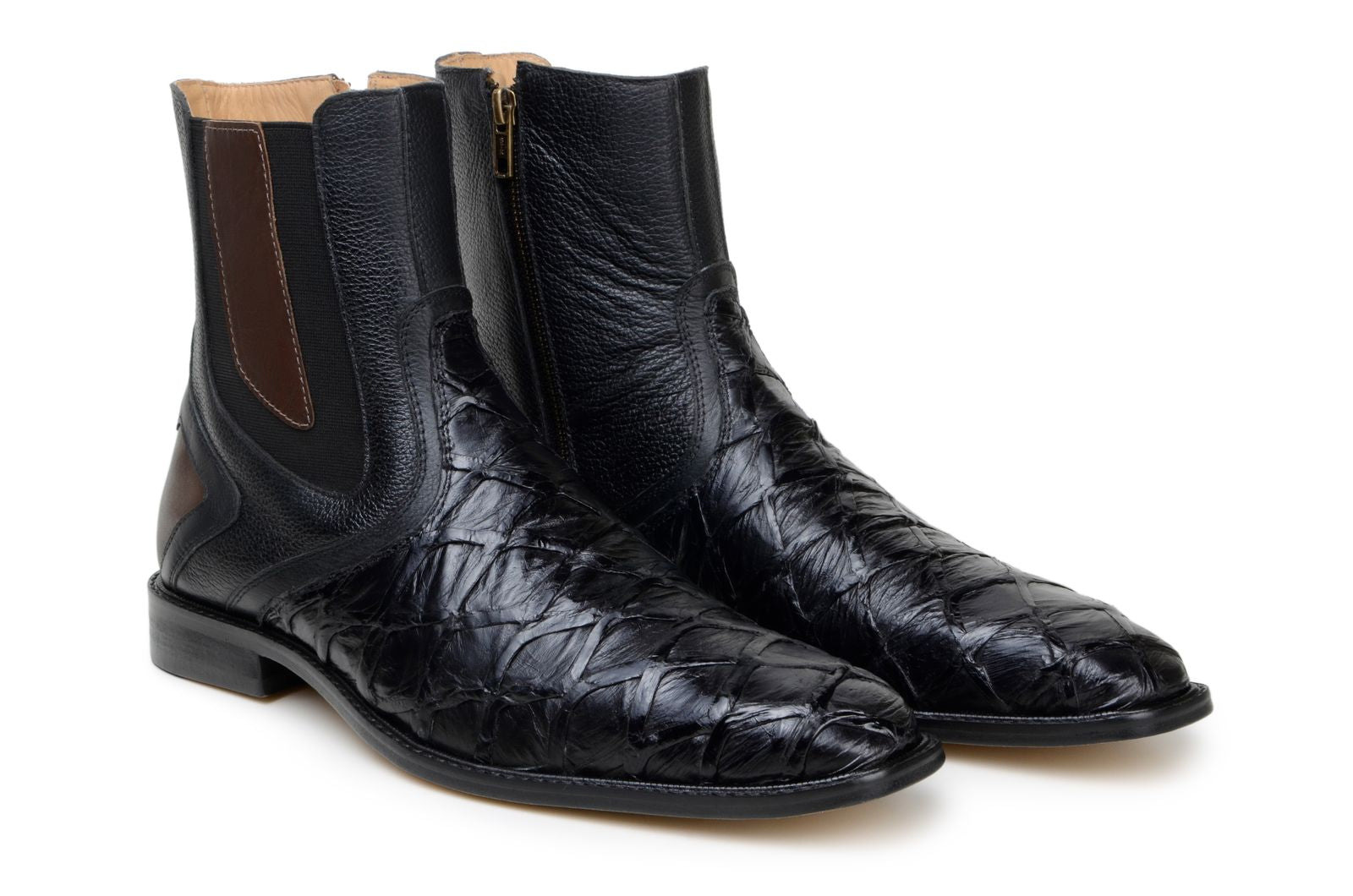 Belvedere Lima Genuine Pirarucu Skin and Pebble Grain Calf Chukka Zipper Boots Black