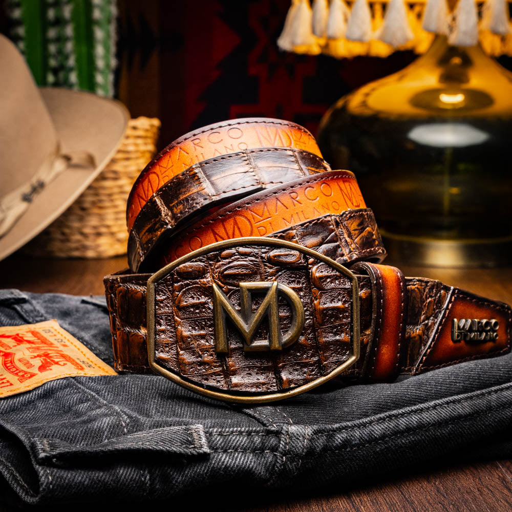 Marco Di Milano Caiman & Calfskin Western Belt Signature Texas Aged Brown